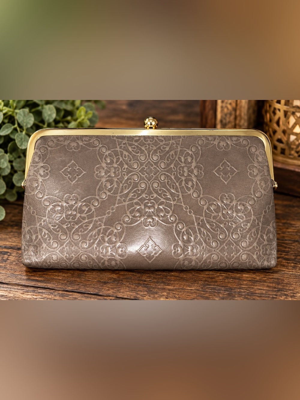 HOBO Lauren Embossed Leather Double Frame Clutch Wallet Taupe